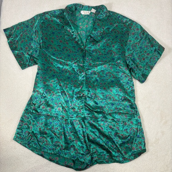 Vintage Victoria’s Secret GOLD LABEL Green Satin Floral Pajama Set sz m paisley - Picture 1 of 9
